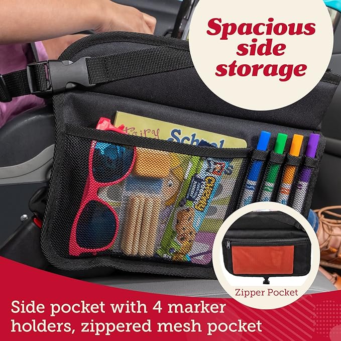 Lusso Gear Kids Car Seat Travel Tray - Dry-Erase Tablet Holder for Road Trip Activities - Cup Holder & Storage for Toddler Travel Essentials - Plane Activity Tray for Airplane Essentials - Dinos