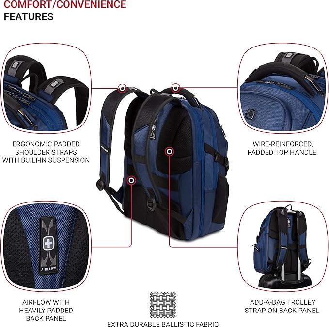 SwissGear Endure ScanSmart Laptop Backpack – TSA Approved Tech Backpack – Fits Most 17" Laptop – Multiple Organizer Pockets – Navy Ballistic