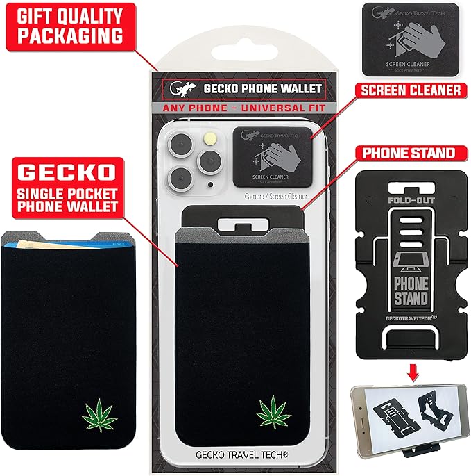 Phone Wallet - Adhesive Card Holder - Cell Phone Pouch - Stick on Lycra Pocket by Gecko - Carry Credit Cards and Cash