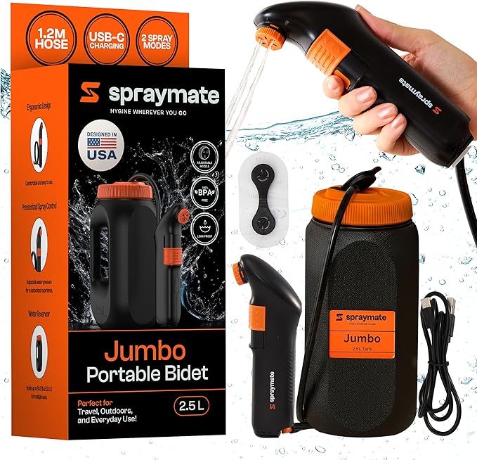 Portable Bidet for Travel & Camping – Electric High Pressure Rechargeable Bidet for Women & Men | 2.5L Bottle | 1300ML/Min Flow | USB-C | 1600mAh Battery | USA Brand – Spray Mate Jumbo (Black)