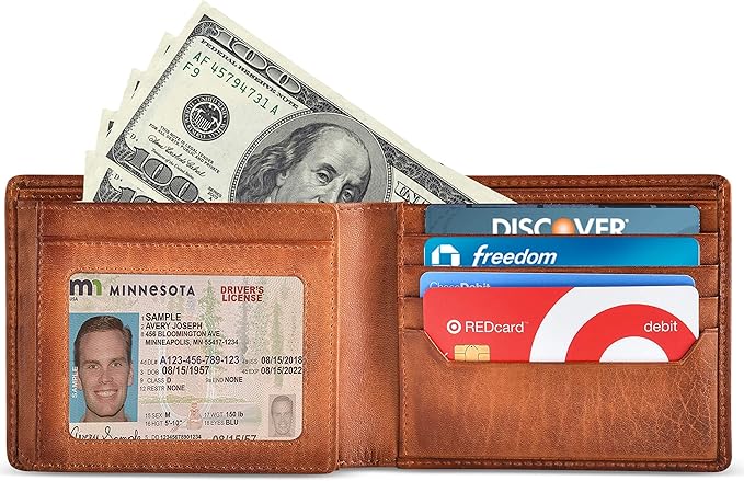BULL GUARD RFID Blocking Bifold Wallets for Men, Brown Full Grain Leather Credit Card Wallet with 2 ID Windows Premium Security and High Capacity | RFID Blocking, Credit Card Wallet, with 2 ID Windows, Premium Security, High Capacity