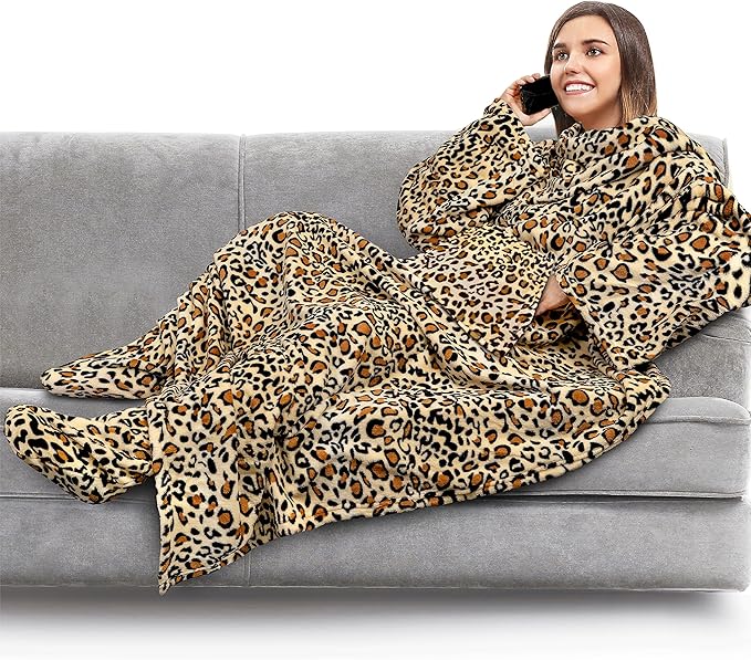 PAVILIA Fleece Blanket with Sleeves, Foot Pockets for Women Men Adults, Plush Wearable Blanket Throw Wrap, Warm Snuggle Blanket Robe, Cozy Gift Ideas Wife Mom, Cheetah Print