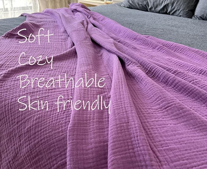 KyraHome 100% Organic Cotton 60"x80" Large Cotton Throw Blanket for Couch, Women, Plant Dyed, Breathable Lightweight Gauze Muslin Blanket for Adult, All Season (Purple Lavender)