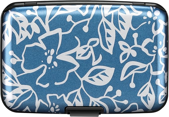 ELFISH Mini RFID Aluminum Wallet Credit Cards Holder Business Card Case Metal ID Case for Men Women(Blue Printed Pattern)