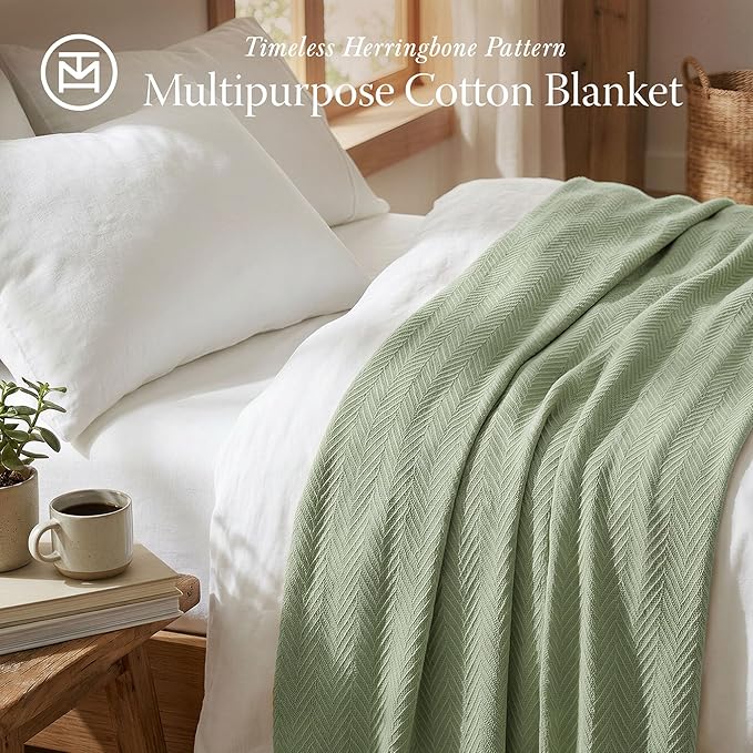 Threadmill Luxury Cotton Blankets Queen Size | All-Season 100% Cotton Blanket for Queen/Full Size Bed | Herringbone Soft Breathable | Sage Green
