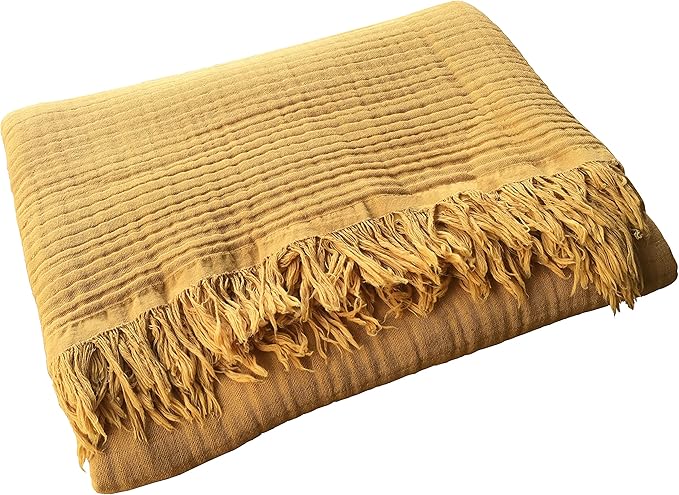KyraHome 100% Cotton Muslin Throw Blankets for Couch, 50"x60" Pre-Washed Plant Dyed, Breathable, Lightweight Summer Throw Blankets for Adults, Picnic, All Season, Mustard Yellow