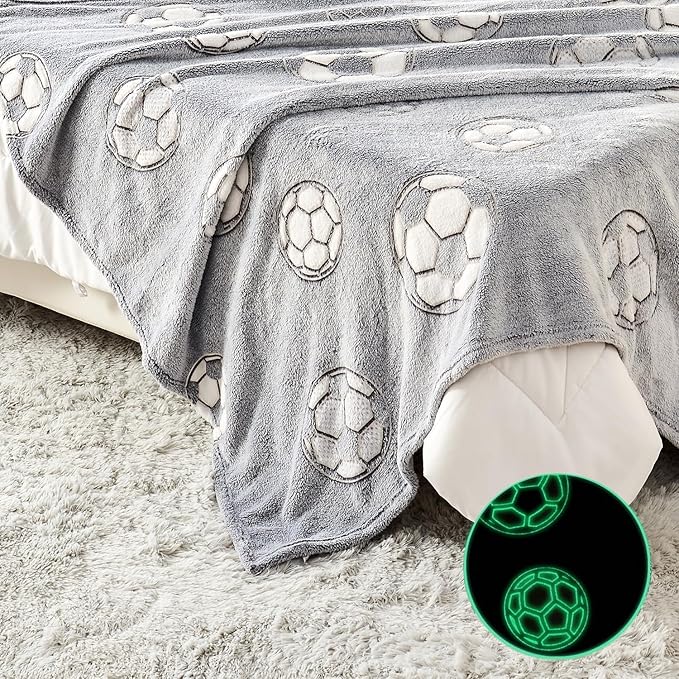 Wajade Soccer Gifts for Boys Girls - Glow in The Dark Soccer Blanket Birthday for Kids Age 3 4 5 6 7 8 9 10 11 12 Years Old Teens Child Toddler Throw Light Grey 40"x50"