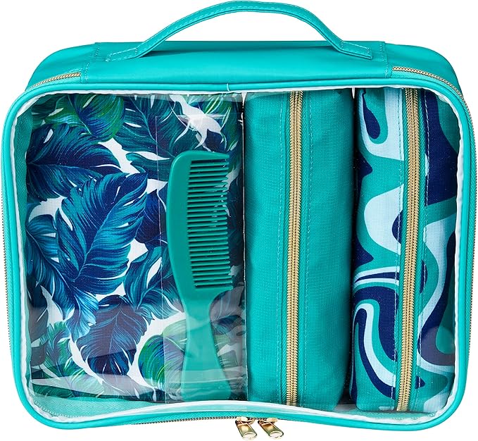 Conair 5 Piece Toiletry and Cosmetic Bag Set Under $30, Includes 4 Makeup Bags and 1 Travel Comb in Teal Palm Prints