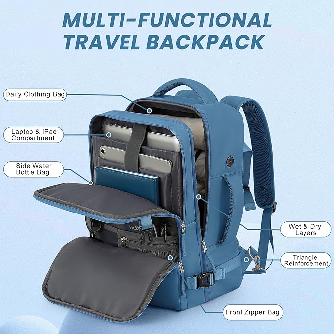 Sinaliy Travel Backpack, Carry on Flight Approved Backpack with Multi-Pockets, TSA Waterproof 17.3inch Laptop Backpack, Personal Item Travel Bag for Men Women, Deep Blue