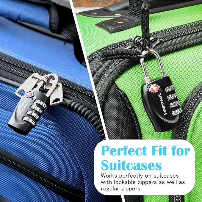 Lumintrail TSA Approved Locks, 4 Digit Combination Luggage Locks TSA Approved, Travel Locks for Luggage & Suitcase with 4-FT Steel Cable, Black, 6 Pack