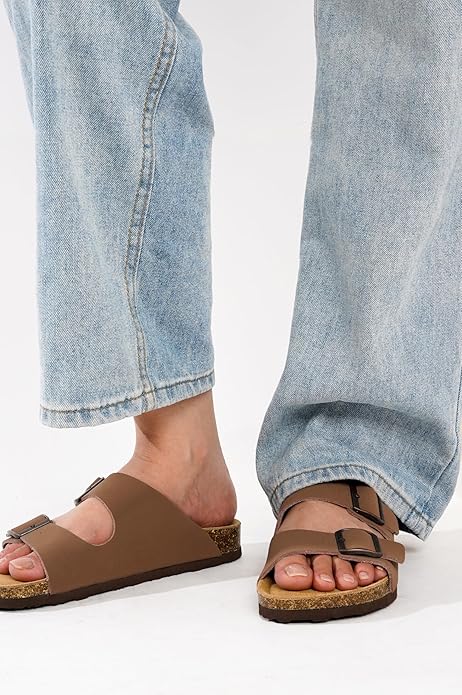 Project Cloud 100% Genuine Leather Flat Sandals For Women 2026 Cork Footbed Womens Sandals with Memory Foam and arch support Vacation Essentials Slides for Women Footwear (Venita)