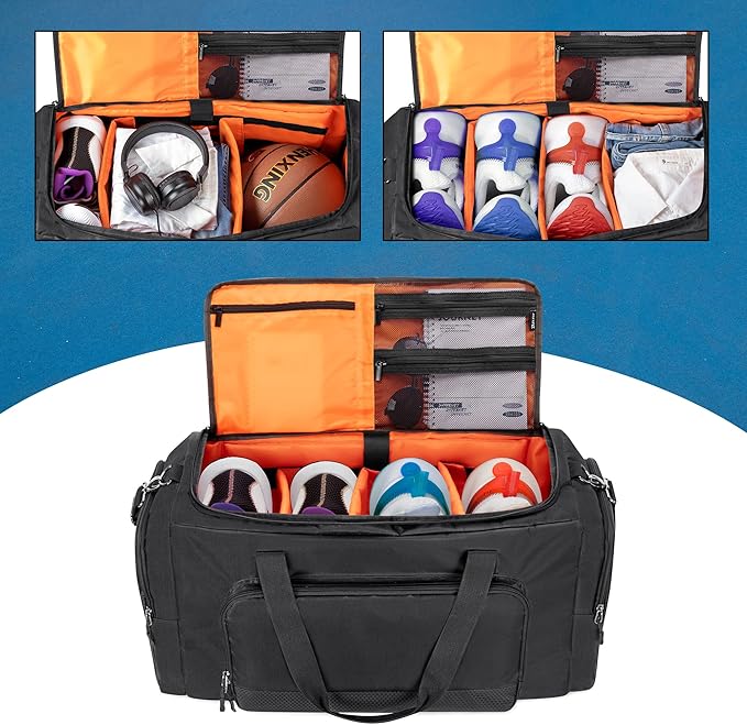 DSLEAF Sneaker Bag for 4 Pairs of US Size 14 Men's Shoes, Shoe Duffle Bag with 3 Adjustable Dividers, Sneak Travel Bag with Shoulder Straps for Comfort Carrying…
