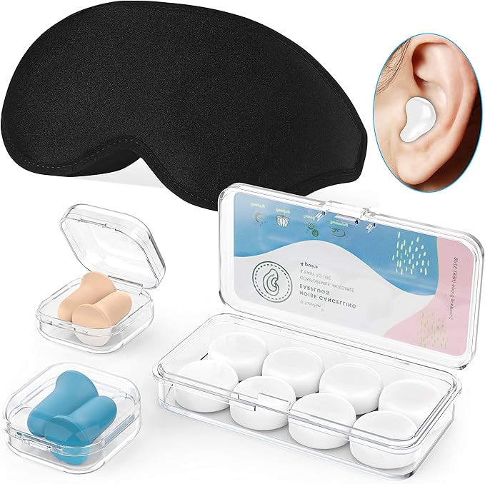 Silicone Earplugs - Ultra Soft Foam Earplugs - Sleep Eye Mask for Men Women, Upgraded 3D Hollowed Design, Value Pack–for Sleeping, Snoring, Travel, Airplanes, Shift Work，32dB Highest NRR