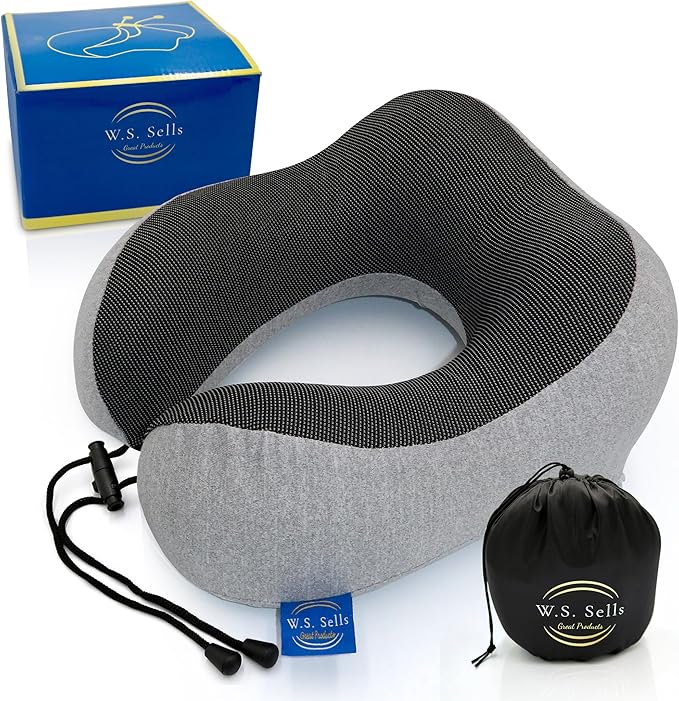 W.S. Sells Travel Neck Pillows for Airplanes - Pure Memory Foam with Ergonomic Design & Breathable Fabric - Travel Pillows for Airplanes & Cars - Set of Travel Essentials with Sleep Mask & Ear Plugs