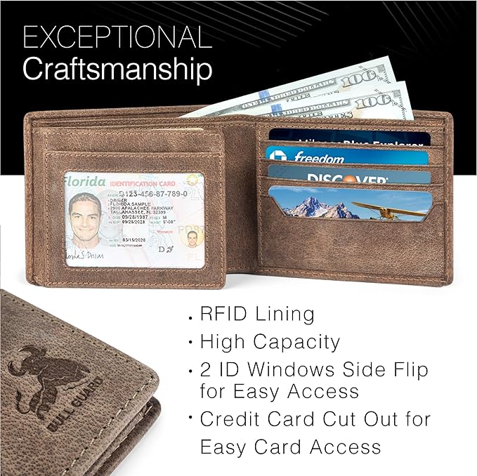 BULL GUARD RFID Mens Bifold Leather Wallet with 2 ID Windows Premium Security Full Grain Leather High Capacity Credit Card Wallet