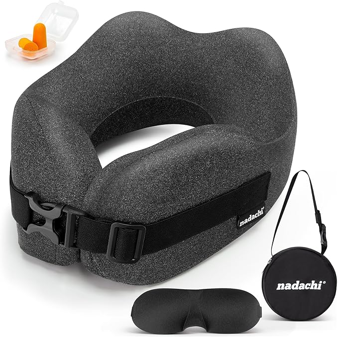 Neck Pillow Airplane Travel Set - Pure Memory Foam Travel Pillow for Long Flights Essentials, Sleeping with 3D Contoured Eye Mask, Earplugs, Portable Bag (Grayish)