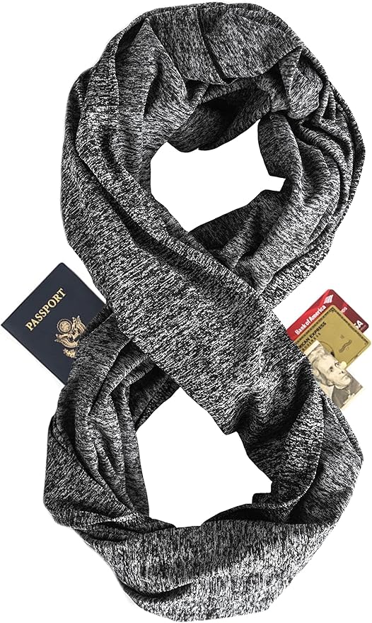 Zero Grid Infinity Travel Scarf Loop with Hidden Zipper Pockets for Passport, Phone, Cash, Cards