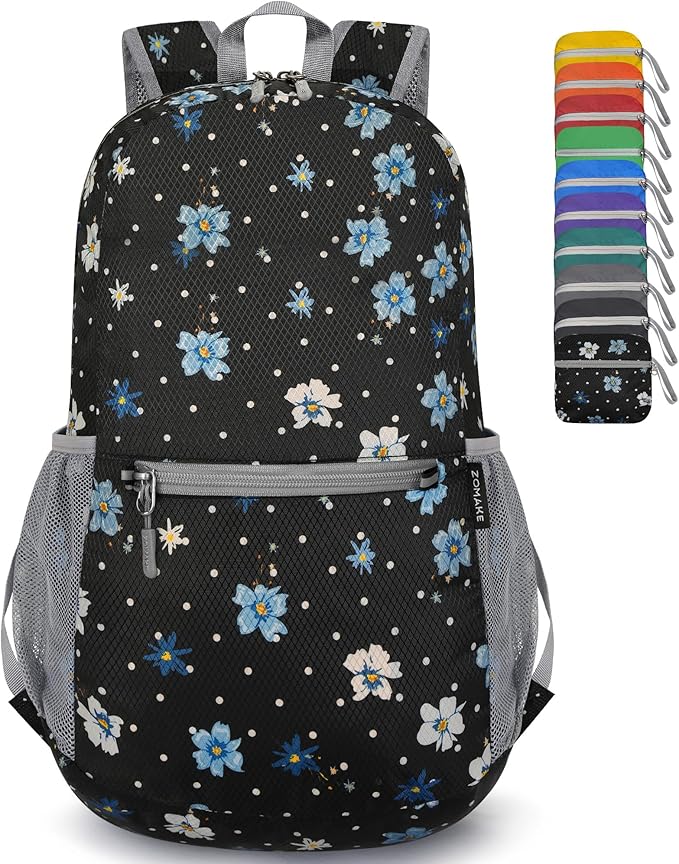 ZOMAKE Ultra Lightweight Hiking Backpack 20L, Packable Small Backpacks Water Resistant Daypack for Women Men(Black,Floral pattern)