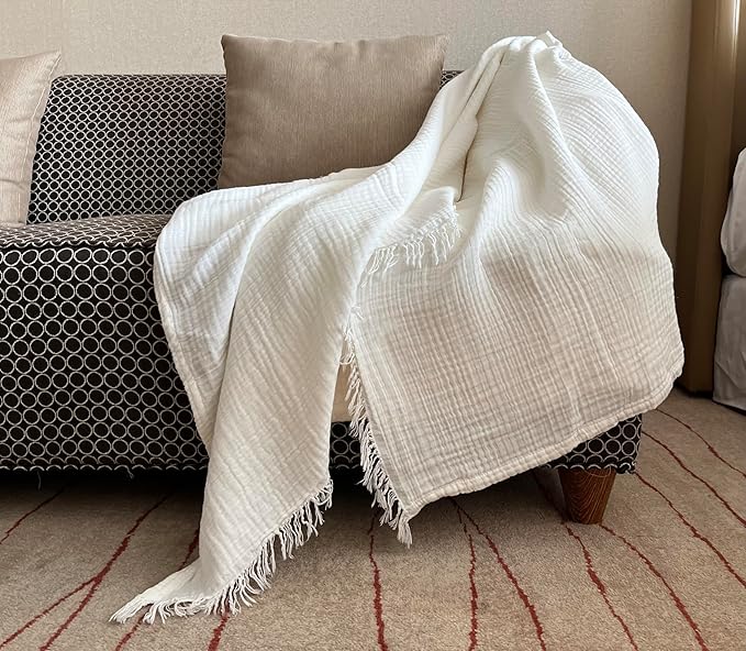 KyraHome 100% Cotton Blanket 60"x80" Large Muslin Throw Blankets for Adults, Couch, Picnic, Travel, Plant Dyed Pre-Washed Breathable Lightweight Soft Gauze Blanket, All Season, White