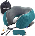 napfun Neck Pillow for Travel with Travel Pouch, Sleep Mask & Earplugs, Memory Foam Airplane Pillow for Headrest Sleep with Eyeshades, Plane Essentials with Eye Blindfold, Teal Striped Kit