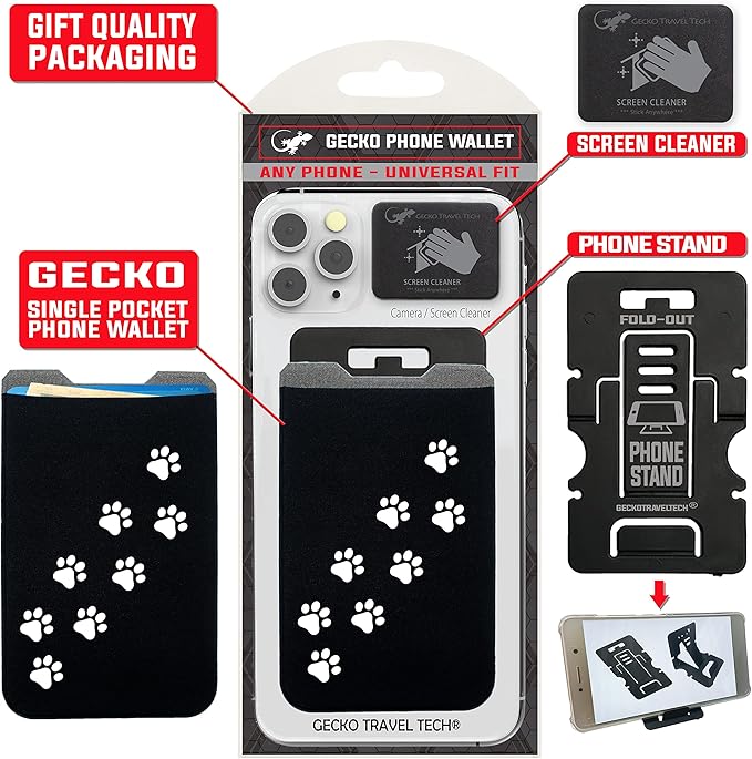 Phone Wallet - Adhesive Card Holder - Cell Phone Pouch - Stick on Lycra Pocket by Gecko - Carry Credit Cards and Cash