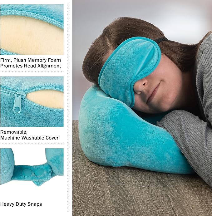 Home-Complete Travel Pillow Set - Memory Foam Pillow, Fleece Blanket, and Eye Mask - Travel Essentials for Airplanes, Trains, Cars, Buses (Blue)