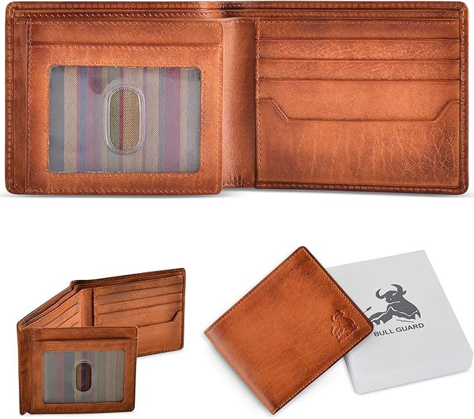 BULL GUARD RFID Blocking Bifold Wallets for Men, Brown Full Grain Leather Credit Card Wallet with 2 ID Windows Premium Security and High Capacity | RFID Blocking, Credit Card Wallet, with 2 ID Windows, Premium Security, High Capacity