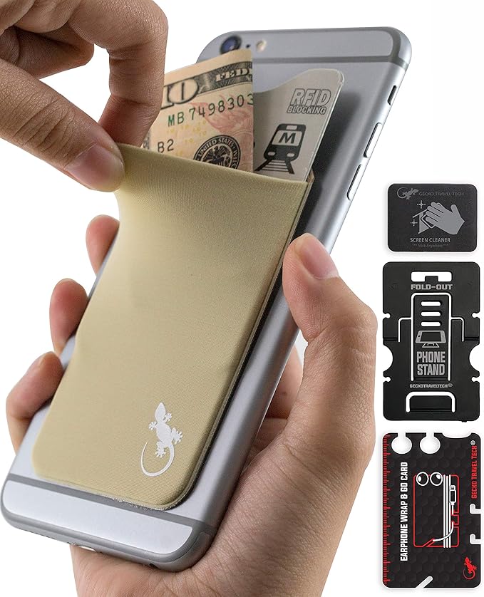 Phone Wallet - Adhesive Card Holder - Cell Phone Pouch - Stick on Lycra Pocket by Gecko - Carry Credit Cards and Cash