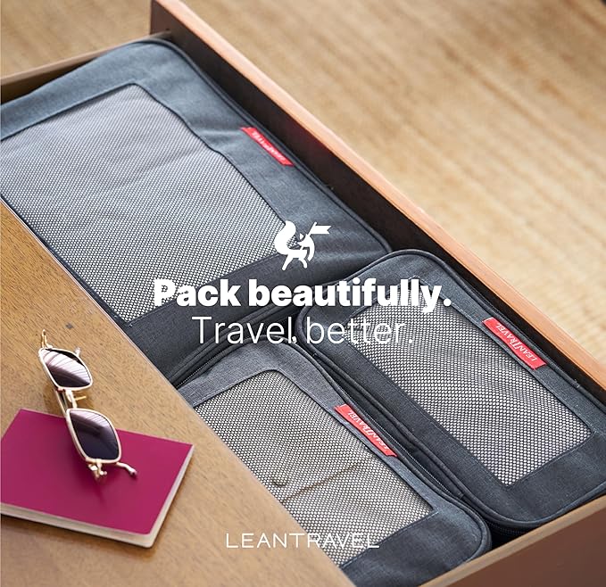 LeanTravel Premium Compression Packing Cubes for Travel - Suitcase Organizer Bags with Double Zipper & Breathable Mesh Panel - Space Saving Carry On Luggage Essentials (4-Pack, Black)