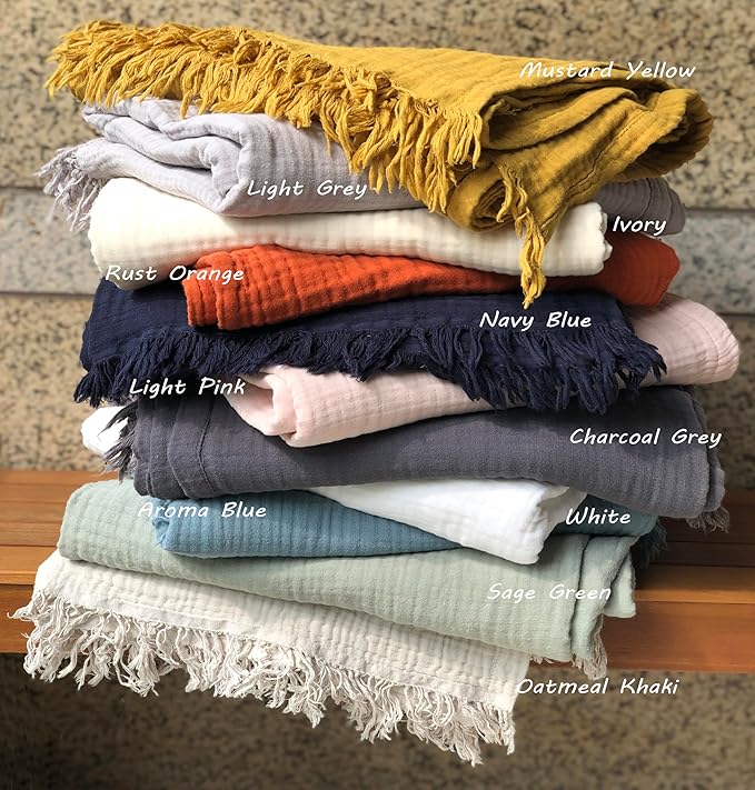 KyraHome 100% Organic Cotton 90"x104" King Size Muslin Blankets for Adults, Couch, Pre-Washed Plant Dyed, Breathable Cozy Gauze Bed Blanket, All Season (Oatmeal Khaki)