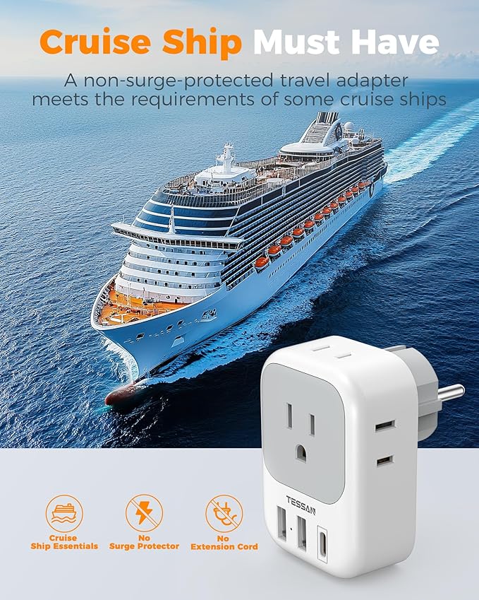 TESSAN Type E F Plug Adapter, Germany France Power Adapter with 3 USB Ports (1 USB C 20W), 4 AC Outlets Travel Adaptor for US to Europe EU Spain Iceland Korea Portugal Greece Russia German French