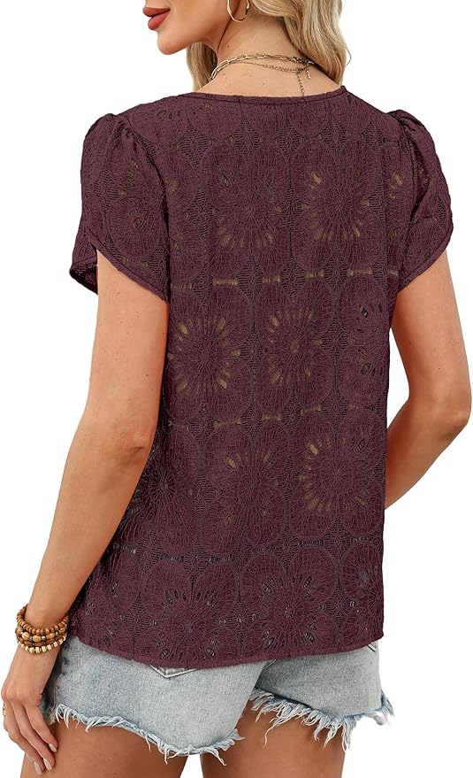 OFEEFAN Blouses for Women Dressy Casual Petal Short Sleeve Shirts Crochet Lace Boho Tops Spring Fashion Summer Outfits