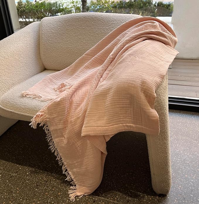 KyraHome 100% Organic Cotton Muslin Blankets for Adults, Girls, 60"x80", Plant Dyed, Breathable Lightweight Gauze Summer Throw Blankets for Couch, Napping, All Season (Soft Pink)