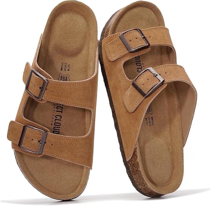 Project Cloud 100% Genuine Leather Flat Sandals For Women 2026 Cork Footbed Womens Sandals with Memory Foam and arch support Vacation Essentials Slides for Women Footwear (Venita)