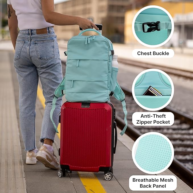 Carrywell (Not Made In China) Travel Backpack Airline Approved, Carry-On Underseat, Holds 15.6 or 16 Inch Laptop, Personal Item Bag with Shoe Compartment For Men Women, Mint 30l