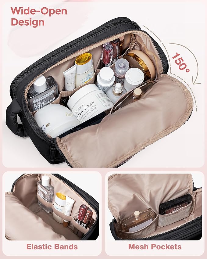 Marscamd Travel Toiletry Bag for Women, Water Resistant Makeup Organizer with Wide-Open Design for Toiletries and Cosmetics, Black (Bag Only)