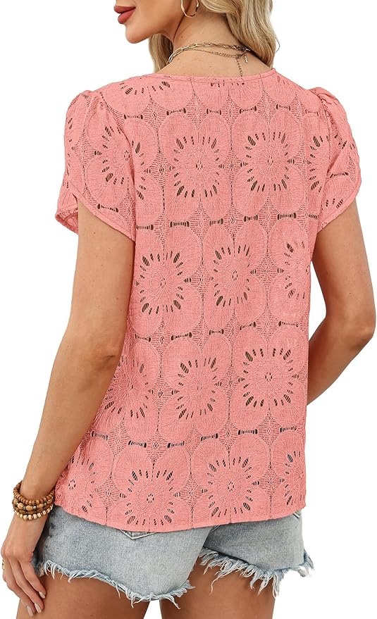 OFEEFAN Blouses for Women Dressy Casual Petal Short Sleeve Shirts Crochet Lace Boho Tops Spring Fashion Summer Outfits