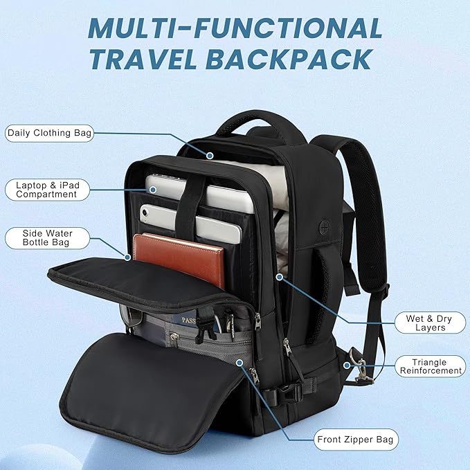Sinaliy Travel Backpack, Carry on Flight approved Travel Bag with Multi-Pockets, Waterproof 17.3inch Laptop Backpack for Men Women, Black