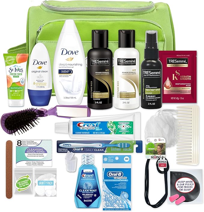 Convenience Kits International Women’s Super Premium 31 pc Travel Kit Featuring: Ensemble of Travel-Size Hair Care Products Plus Face, Body, Oral Care, Travel Essentials (Green)