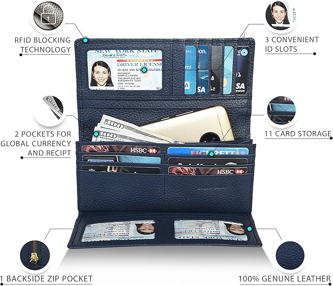 Real Leather Women Wallet Leather with RFID Blocking -Trifold Card Holder Designer Ladies Clutch with ID Window Wallets