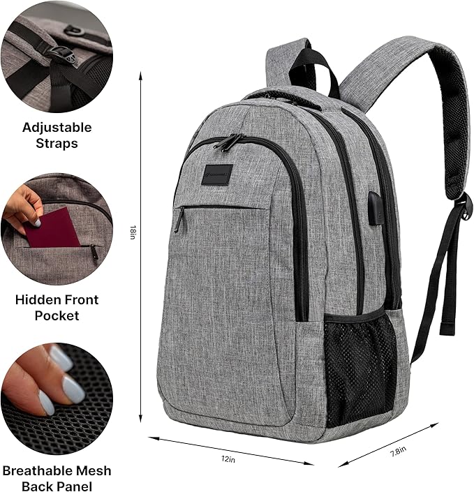 (Not Made In China) Travel Laptop Backpack For Men and Women, Airline Approved Carry On Bag, Holds 15.6" Computer, USB Charging Port (Magellan, Gray, 2 Pack)