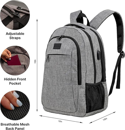 (Not Made In China) Travel Laptop Backpack For Men and Women, Airline Approved Carry On Bag, Holds 15.6" Computer, USB Charging Port (Magellan, Gray, 2 Pack)