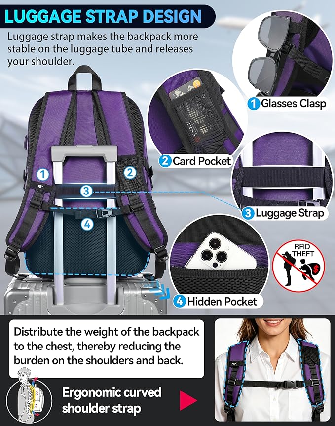 ProEtrade Travel Backpack, Extra Large Laptop Backpack School Business Anti Theft TSA Approved College Work Computer Bag Fits 17 Inch Laptop with USB Charging Port Bookbag for Women Men(Purple)
