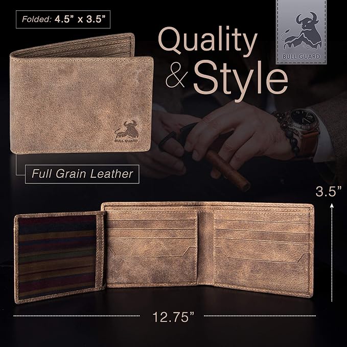 BULL GUARD RFID Mens Bifold Leather Wallet with 2 ID Windows Premium Security Full Grain Leather High Capacity Credit Card Wallet
