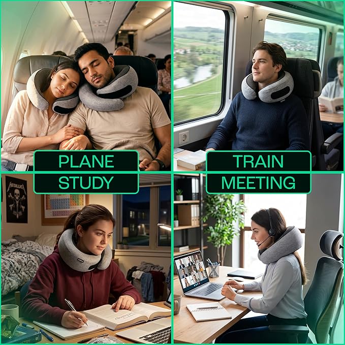 Travel Neck Pillow Memory Foam – Best Airplane Neck Pillow for Long Flights, Soft Ergonomic Neck Support, Compact Travel Pillow for Plane & Car, Airplane Travel Essentials