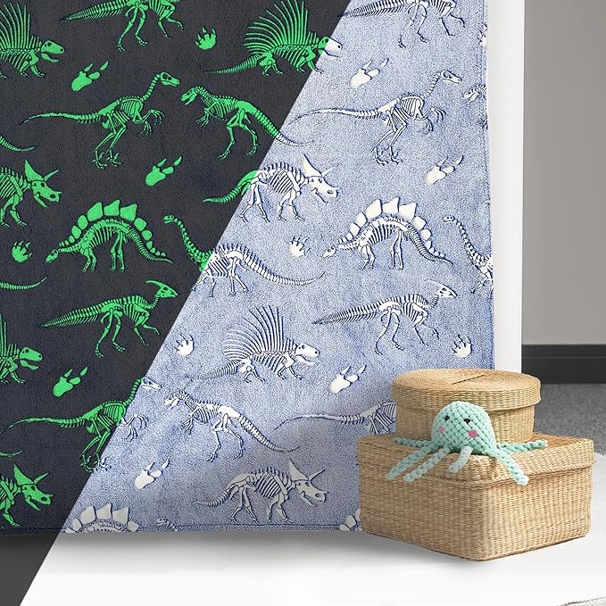 Wajade Dino Gifts Toys for Boys Girls - Glow in The Dark Dinosaur Blanket Birthday Christmas Decor for Kids Age 3 4 5 6 7 8 9 10 11 12 Years Old Teens Child Toddler Throw Blue 50"x60"