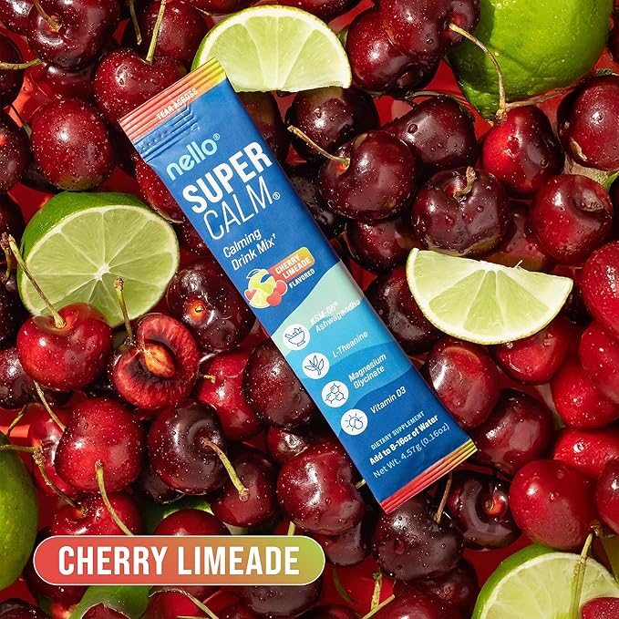 Nello Supercalm Powdered Drink Mix, Cortisol Reducer* and Sleep Aid Supplement, L Theanine, Ksm-66 Ashwagandha, Magnesium Glycinate, Vitamin D 3, No Sugar, Non GMO, On The Go, 20 Ct, Cherry Limeade