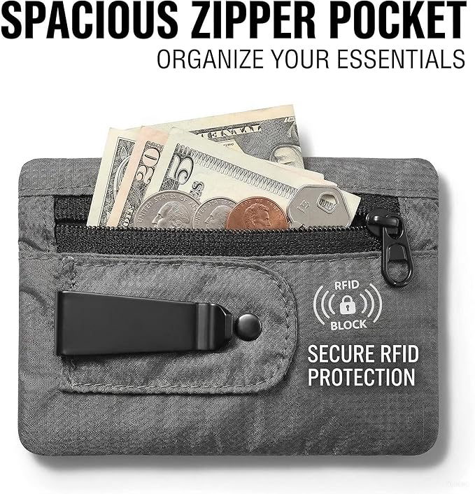 KOSMCCO RFID Blocking Clip Stash Pocket, Compact Hidden Travel Belt Wallet for Cards & Cash - Slim Pickpocket-Proof Design for Everyday Carry (Grey, Medium)
