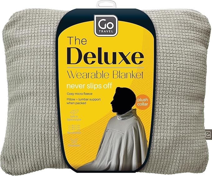Go Travel Deluxe Wearable Blanket, Cozy, Fleece Blanket for Comfortable Rest in Airplane, Bus, Car, and Train, Doubles as Pillow and Lumbar Support, Packs in with Luggage, Travel Essentials, Gray