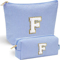 YOOLIFE Initial Makeup Bag Make Up Bag - Blue Cosmetic Bags Travel Essentials Graduation Gifts Engagement Personalized Thank You Gift for Women Friend Sister Blue F